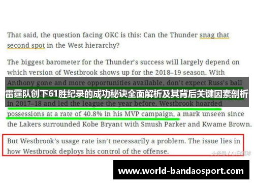 雷霆队创下61胜纪录的成功秘诀全面解析及其背后关键因素剖析 雷霆队创下61胜纪录的成功秘诀全面解析及其背后关键因素剖析